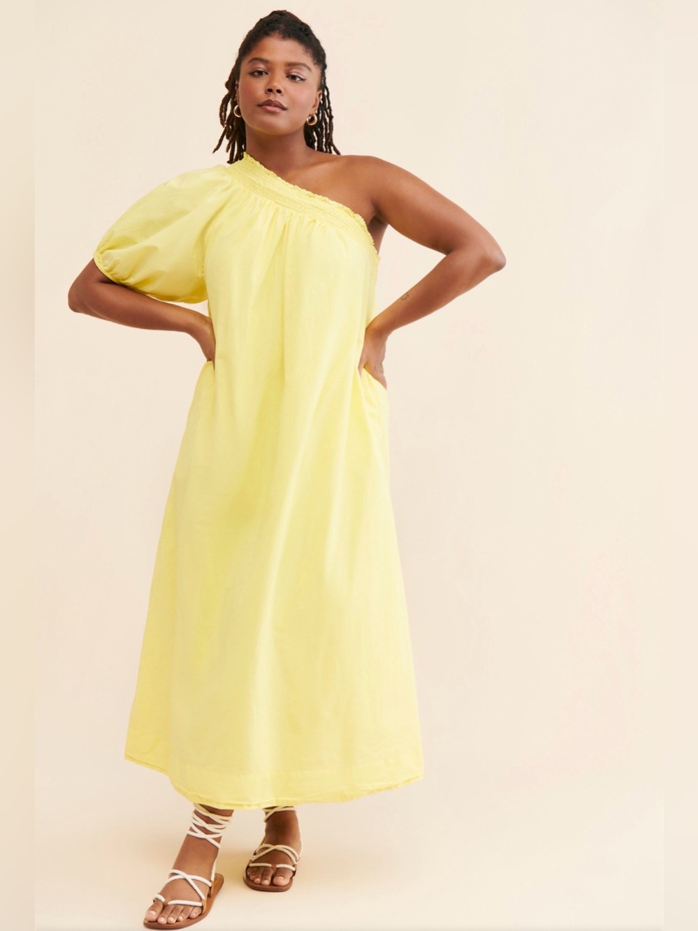 Maeve Anthropologie One-Shoulder Embroidered Maxi Dress in Yellow Melon Size 1X